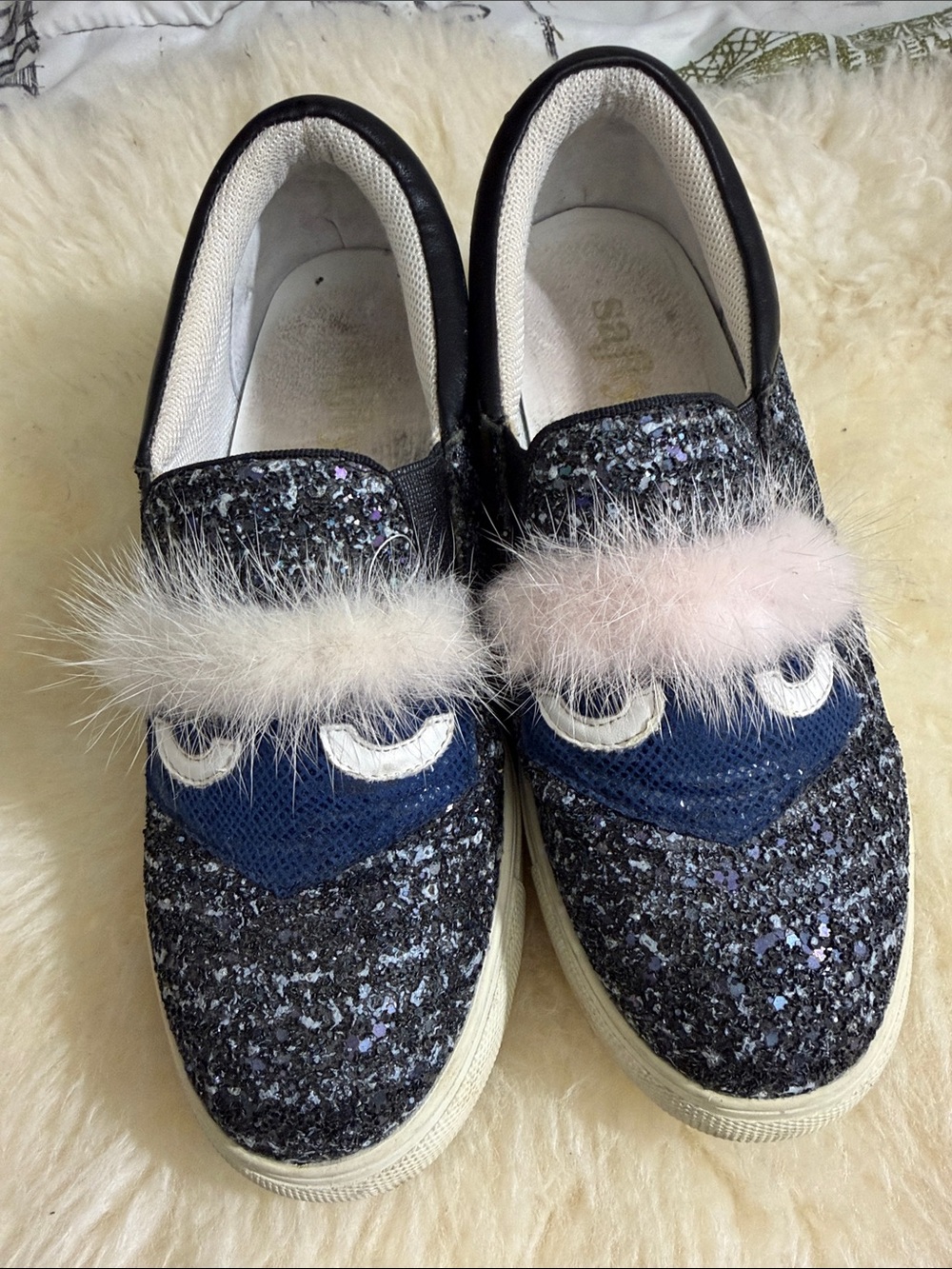 Girls' Glitter Slip-On Sneakers with Pink Faux Fur Trim